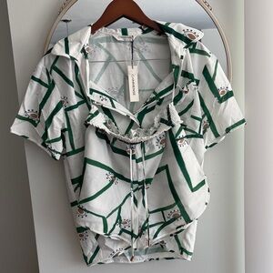 Commense Green and White Geometric Blouse